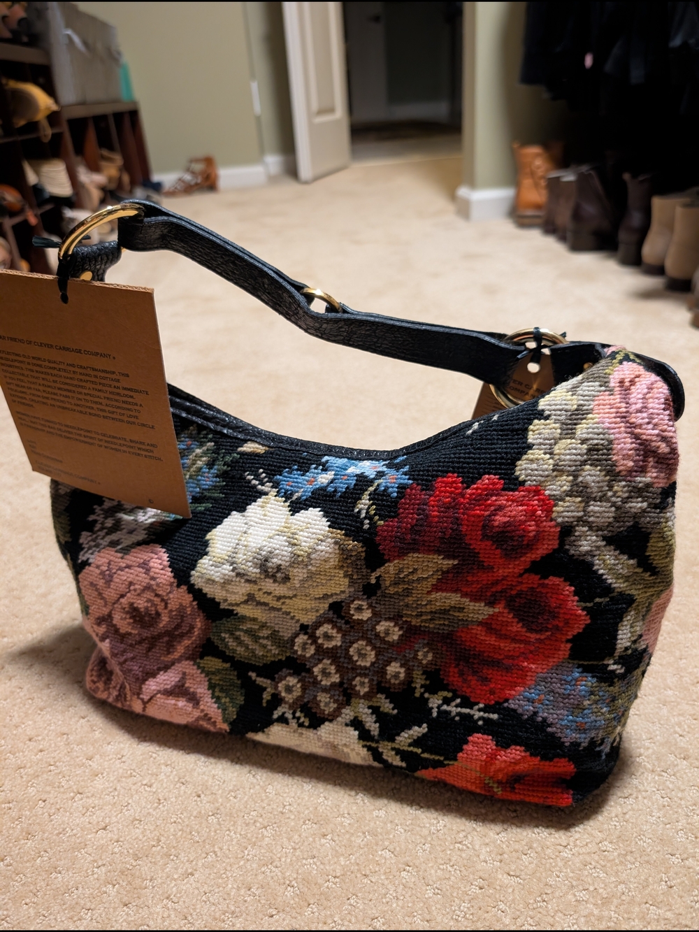 Hand Stitched NWT Clever Carriage Black Floral Shoulder Bag
